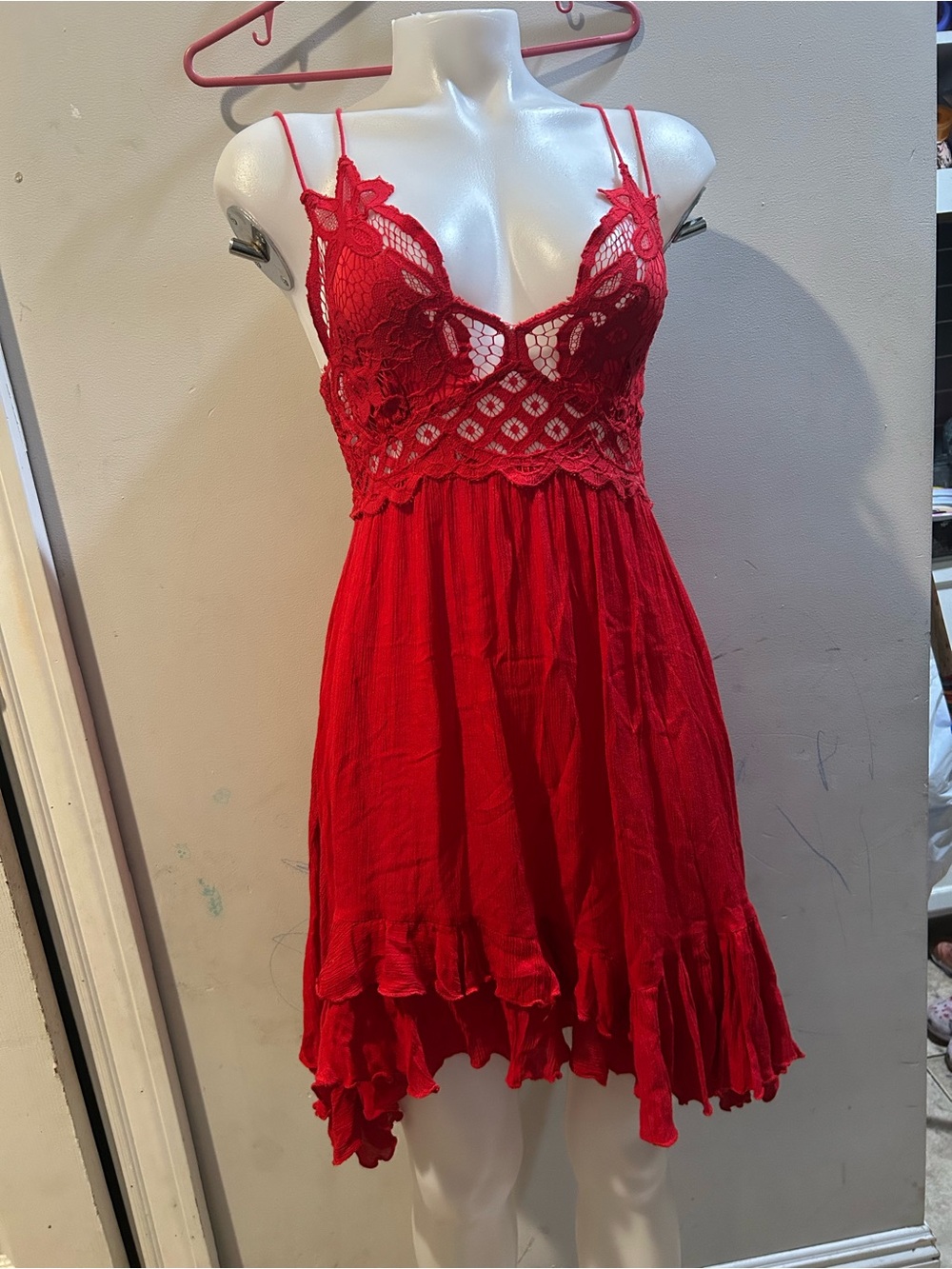 Free People Red Lace-Trim Chemise Nightdress